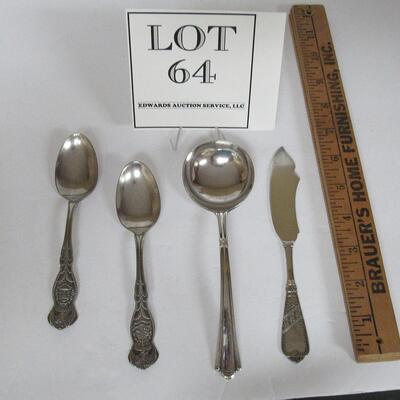 4 Silver Plate Pieces, Luxor Wallace Iris Ladle, 1847 Rogers Newport Spreading Knife, Georgia and Vermont State Spoons