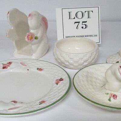 Set of 4 Rabbit Decorative Pieces, Plate, Trinket Dish, Condiment Jar, Napkin Holder
