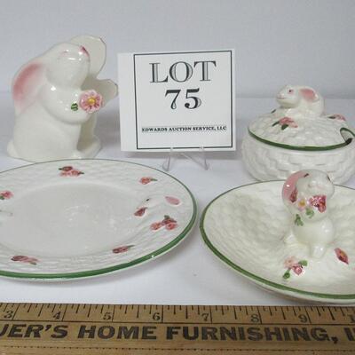 Set of 4 Rabbit Decorative Pieces, Plate, Trinket Dish, Condiment Jar, Napkin Holder