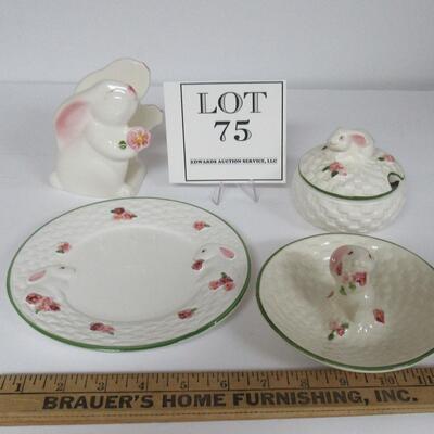 Set of 4 Rabbit Decorative Pieces, Plate, Trinket Dish, Condiment Jar, Napkin Holder