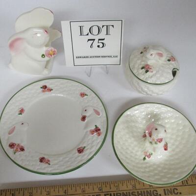 Set of 4 Rabbit Decorative Pieces, Plate, Trinket Dish, Condiment Jar, Napkin Holder