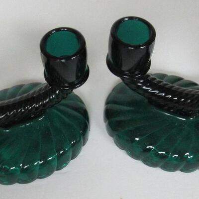 Vintage Teal Colored Imperial Glass Two Lite Candlesticks, Newbound Pattern