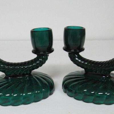 Vintage Teal Colored Imperial Glass Two Lite Candlesticks, Newbound Pattern