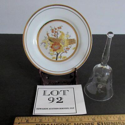 Vintage Japan Peacock Plate and Clear Etched/Cut Glass Bell