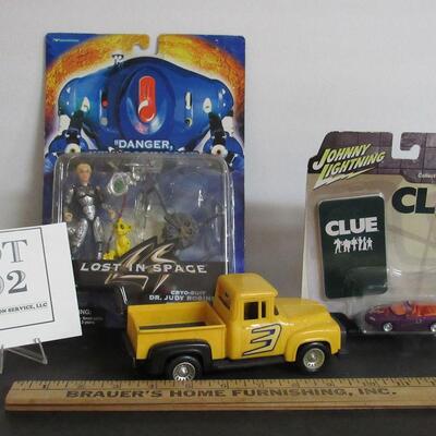Dr. Judy Robinson Figure MIP, Johnny Lightning Clue Car, MIP, and Strombecker 1958 Ford Truck Plastic