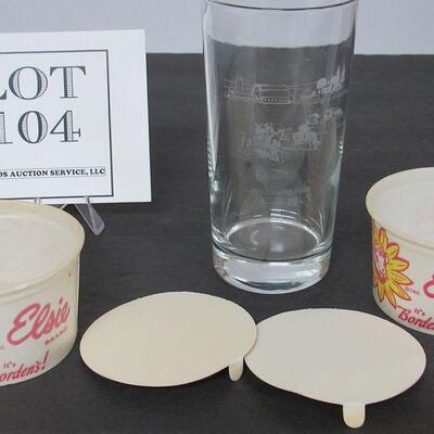 2 Old Borden Elsie Ice Cream Cups and Etched Glass Tumbler Advertising Land of Lakes