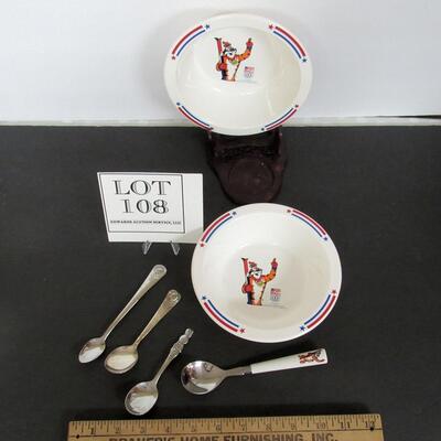 2 Kelloggs Cereal Bowls, 1 Kelloggs Child's Spoon, 2 Oneida Gerber Baby Spoons, Oneida Peter Rabbit Spoon