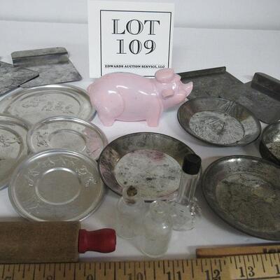 Lot of Vintage Kid's Tin and Aluminum Dishes and Plastic Pig Bank, 3 Little Glass Bottles, Toy Rolling Pin