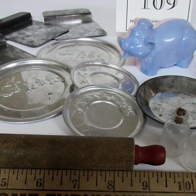 Lot of Vintage Kid's Tin and Aluminum Dishes and Plastic Pig Bank, 3 Little Glass Bottles, Toy Rolling Pin