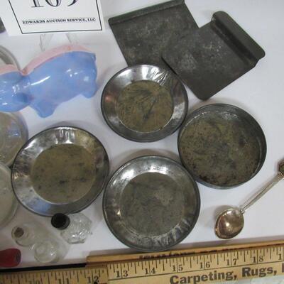 Lot of Vintage Kid's Tin and Aluminum Dishes and Plastic Pig Bank, 3 Little Glass Bottles, Toy Rolling Pin