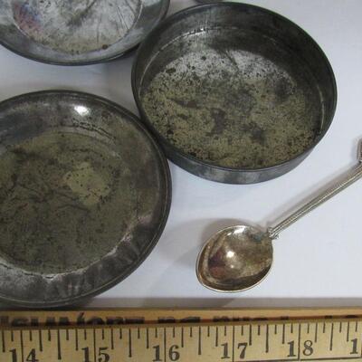 Lot of Vintage Kid's Tin and Aluminum Dishes and Plastic Pig Bank, 3 Little Glass Bottles, Toy Rolling Pin
