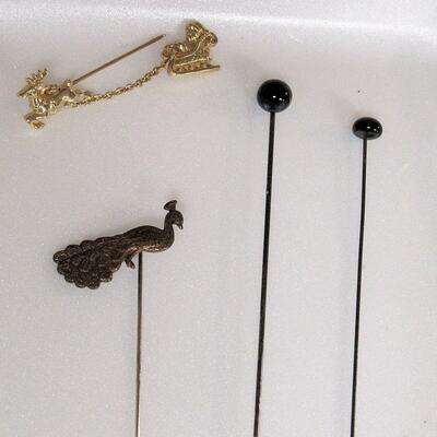 Long Sterling Antique Hat Pin, 2 Shorter Hatpins, Stick Pin, and One Modern Santa Tie or Lapel Pin