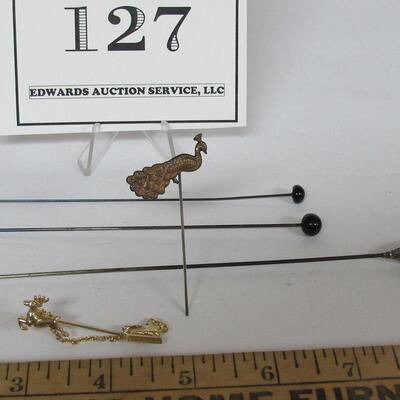 Long Sterling Antique Hat Pin, 2 Shorter Hatpins, Stick Pin, and One Modern Santa Tie or Lapel Pin