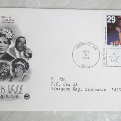 3 1st Day Issue Canceled Envelopes: 1987 Wildlife Osprey, 1994 Popular Singers, 1994 Blues & Jazz, 1 1994 T Jefferson Stamp