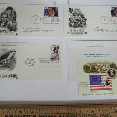 3 1st Day Issue Canceled Envelopes: 1987 Wildlife Osprey, 1994 Popular Singers, 1994 Blues & Jazz, 1 1994 T Jefferson Stamp