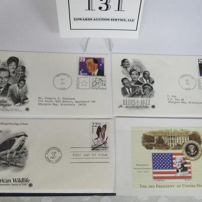 3 1st Day Issue Canceled Envelopes: 1987 Wildlife Osprey, 1994 Popular Singers, 1994 Blues & Jazz, 1 1994 T Jefferson Stamp