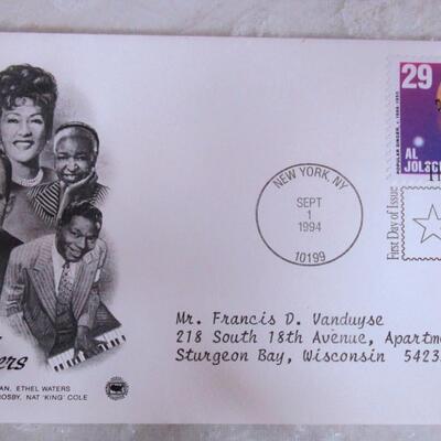 3 1st Day Issue Canceled Envelopes: 1987 Wildlife Osprey, 1994 Popular Singers, 1994 Blues & Jazz, 1 1994 T Jefferson Stamp