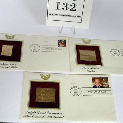 Lot of 1st Day Issue 22K Gold Replica Stamps, 2003 Arctic Tundra Caribou,  1990 Eisenhauer, 1992 Christmas 