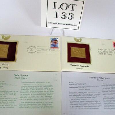 Lot of 1st Day Issue 22K Gold Replica Stamps: Folk Heroes, 1996 Mighty Casey, 1992 Summer Olympics Boxing