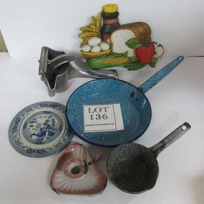 Vintage Kitchenware: Graniteware Pans, Chamberstick, Blue Willow Metal Hot Plate, Juicer, Wall Plaque