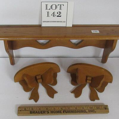 3 Wood Wall Shelves, One With Plate Rail and Hearts, Two Small With Bows