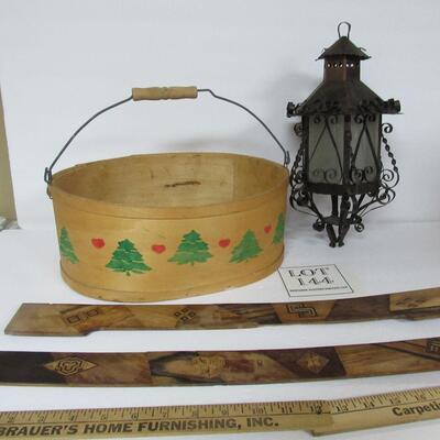 Wood Handled Basket, Outdoor Metal Candle Holder, 2 Decorative Vintage Wood Pieces