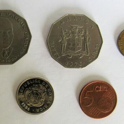 Lot of Mixed Foreign Coins: 2 1975 Jamacian 50 Cent, 1 1984 Costa Rica Colon, Euro 15 Cent, German Pfennig 5 Cent