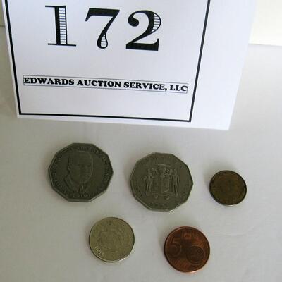 Lot of Mixed Foreign Coins: 2 1975 Jamacian 50 Cent, 1 1984 Costa Rica Colon, Euro 15 Cent, German Pfennig 5 Cent