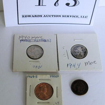 1968 S Proof Penny, 1905 Indianhead Penny, 1940 and 1944 Mercury Dimes
