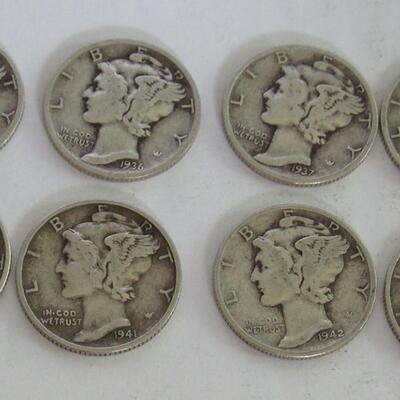 8 Mercury Dimes: 1935, 1936, 1937, 1939 D, 1941 (2), 1942, 1945`