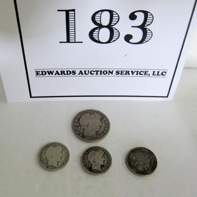 1897 Barber Quarter, 1911 D Barber Dime, 1912 S Barber Dime, 1914 D Barber Dime 