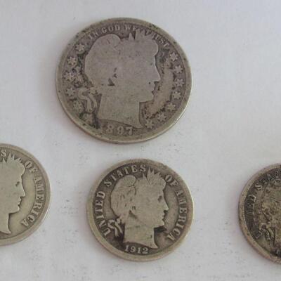 1897 Barber Quarter, 1911 D Barber Dime, 1912 S Barber Dime, 1914 D Barber Dime 