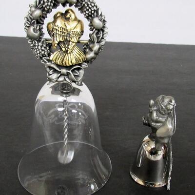 2 Vintage Bells, Glass and Pewter Love Birds 1988, and Chrome and Pewter Christmas Santa