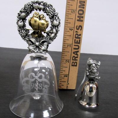2 Vintage Bells, Glass and Pewter Love Birds 1988, and Chrome and Pewter Christmas Santa