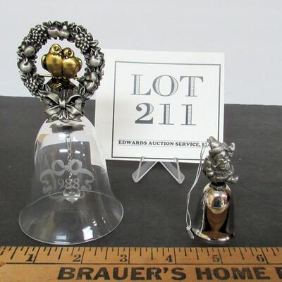 2 Vintage Bells, Glass and Pewter Love Birds 1988, and Chrome and Pewter Christmas Santa