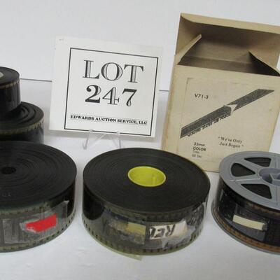 35 mm Film Reels, 1 Appears to be Basketball, 1 Is Indecent Proposal Trailer, 1 is USAF Wedding Only Just Begun, 1 Unknown