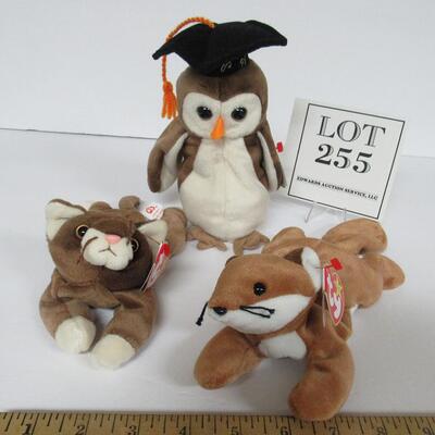 Vintage Beanie Baby Lot: Sly the Fox, Pounce the Cat, Wise the Owl