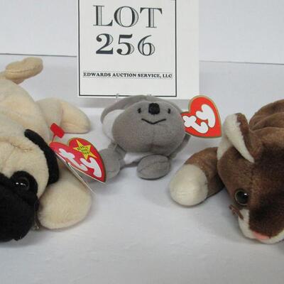 3 Vintage Beanie Babies:  Pounce the Cat, Puglsey the Pug Dog, Mel Teenie Beanie