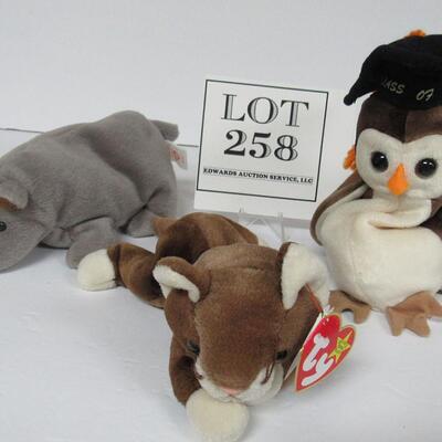 Lot of 3 Vintage Beanie Babies:  Pounce the Cat, Wise the Owl, Rhino (no tag)