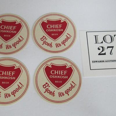 4 Old Chief Oshkosh Beer Coasters, Nice Unused Shape