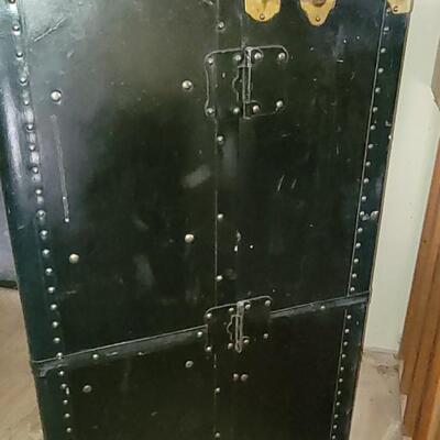 Lot 14: Hartman Trunk Co. Train/Steamer Wardrobe Chest - Black with Brass Hardware & Green Interior Great Condition!