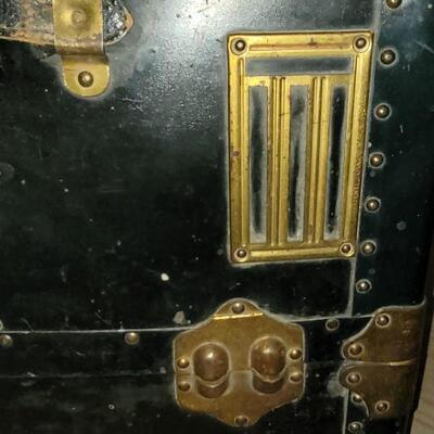 Lot 14: Hartman Trunk Co. Train/Steamer Wardrobe Chest - Black with Brass Hardware & Green Interior Great Condition!