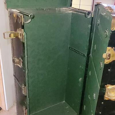 Lot 14: Hartman Trunk Co. Train/Steamer Wardrobe Chest - Black with Brass Hardware & Green Interior Great Condition!