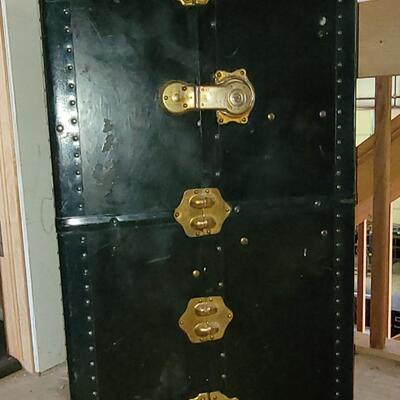 Lot 14: Hartman Trunk Co. Train/Steamer Wardrobe Chest - Black with Brass Hardware & Green Interior Great Condition!