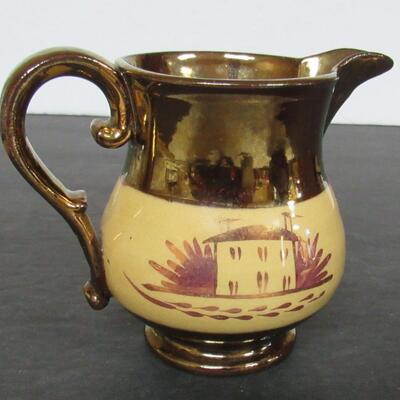 Nice Small Copper Luster Creamer With Scenic Pattern, Unmarked