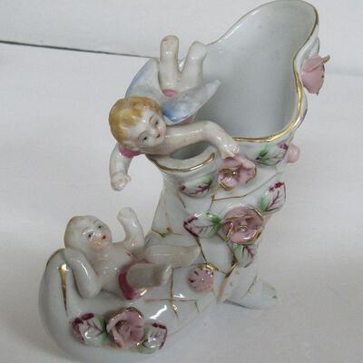 Vintage Cornucopia Vase With Angels and Applied Flowers