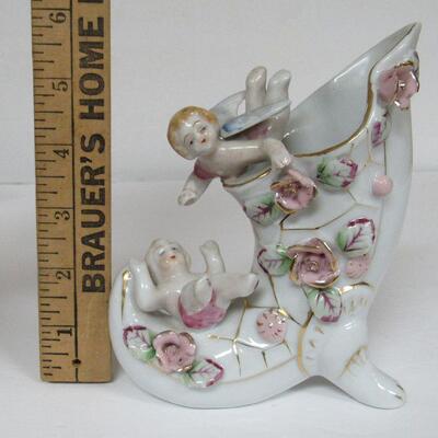 Vintage Cornucopia Vase With Angels and Applied Flowers