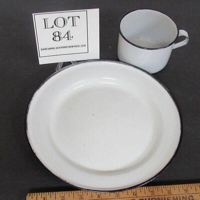Antique White Enamelware Mug and Plate, Black Trim