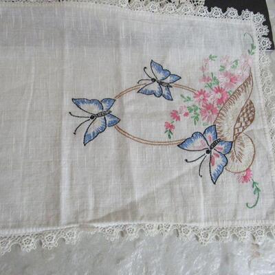 Lot of Vintage Handiwork, Doilies, Pot Holders, Fabric Hanger, Butterfly Runner