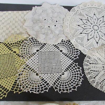 Lot of Vintage Handiwork, Doilies, Pot Holders, Fabric Hanger, Butterfly Runner